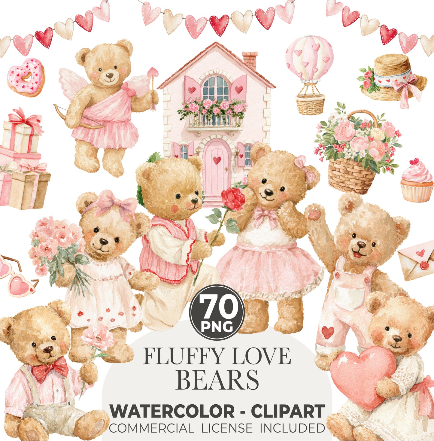 Pastel Valentine Teddy Bears Clipart, Cute Watercolor Love Bear PNG, Romantic Nursery Clipart, Baby Shower, Digital Download