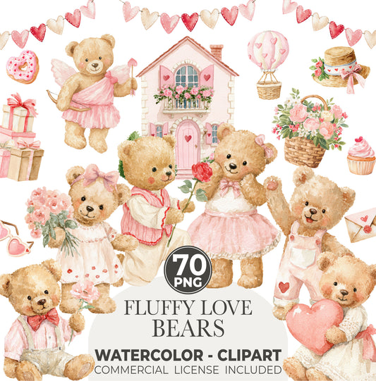 Pastel Valentine Teddy Bears Clipart, Cute Watercolor Love Bear PNG, Romantic Nursery Clipart, Baby Shower, Digital Download
