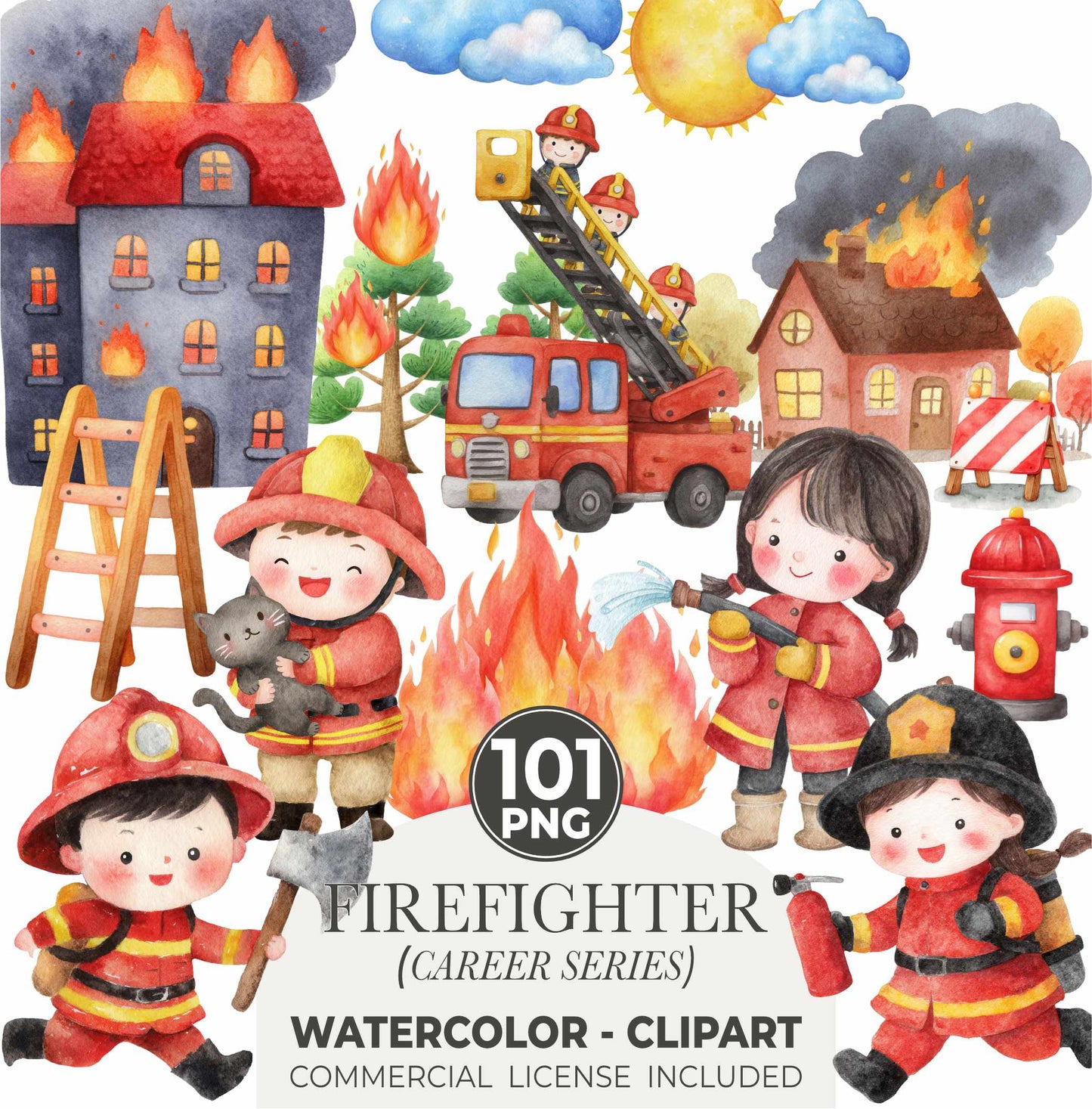 Cute Firefighters Clipart, Watercolor Emergency Vehicles Clipart, Fire Truck Clipart, Fire Department Png Bundle, First Responder Clipart