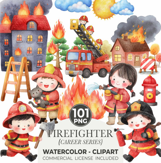 Cute Firefighters Clipart, Watercolor Emergency Vehicles Clipart, Fire Truck Clipart, Fire Department Png Bundle, First Responder Clipart