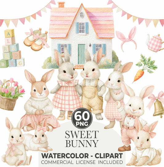 Pastel Bunny Nursery Clipart, Cute Watercolor Rabbits PNG, Baby Shower Animals, Soft Cottagecore Spring Clipart, Digital Download