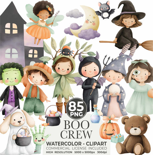 Watercolor Cute Halloween Clipart Set, Spooky PNG, Witch Clip Art, Ghosts, Black Cat, Frankenstein, Mummy, Boo Clipart, Digital Download