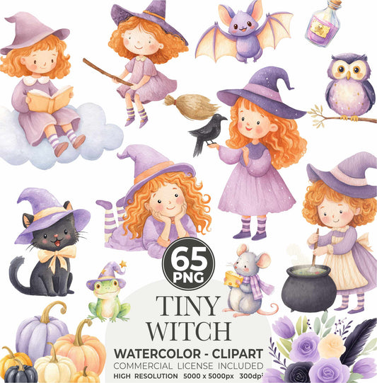Cute Witch Clipart PNG – Pastel Halloween Watercolor, Whimsical Magic, Witchcraft Spells, Spooky Season, Commercial Use Sublimation