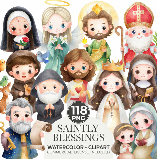 Saints Clipart Bundle – Catholic Christian Religious PNG | Watercolor Saints, Angels, Crosses, Church Digital Download