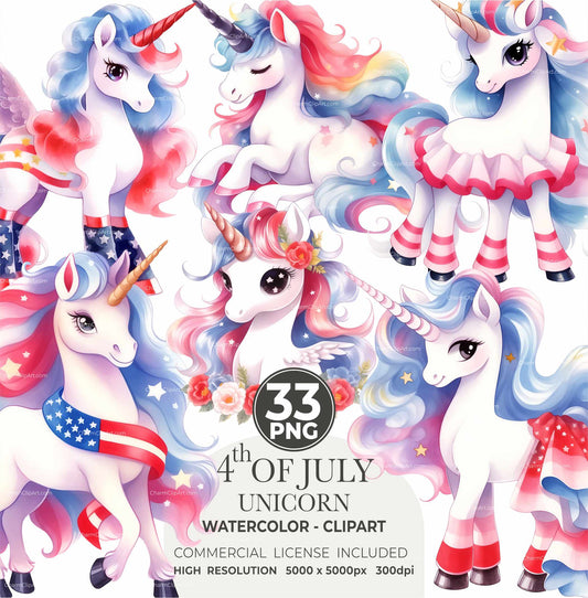 4th of July Unicorn Clipart: Watercolor Independence Day PNG Bundle (Commercial Use