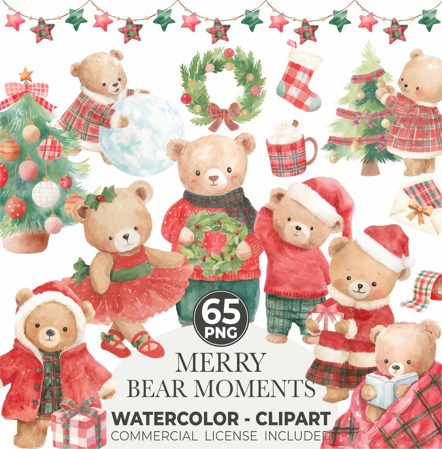 Watercolor Christmas Teddy Bears Clipart, Cute Holiday Bear PNG, Tartan Christmas Clipart, Festive Nursery Animals, Winter Bear PNG Download