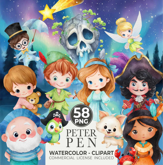 Peter Pan Watercolor Clipart Bundle | Fairy PNGs | Cute Fantasy Characters, Tinkerbell & Magical Forest Art, For Birthday or any party decor