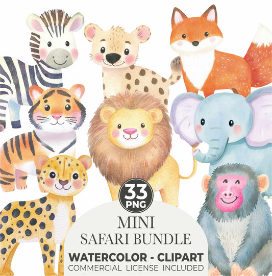 Safari Animals Watercolor Clipart Bundle: 33 Jungle Nursery Art PNG Digital Download