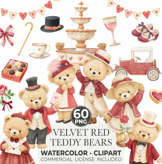 Watercolor Romantic Classics Teddy Bears Clipart, Valentine's Day Clipart, Cute Bears PNG, Love Clipart, Baby Shower, Nursery PNG, Digital