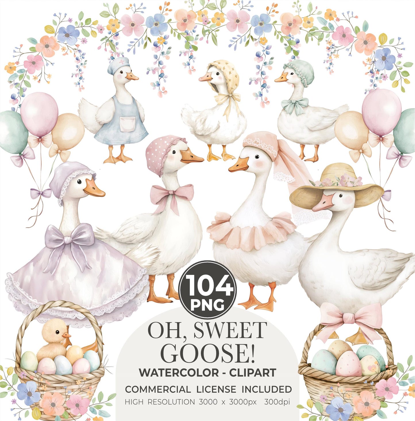 Silly Goose Clipart Spring Vintage Cottagecore Whimsical Cute Watercolor Commercial Use Birthday Party Baby Shower Wildflowers Balloons PNG