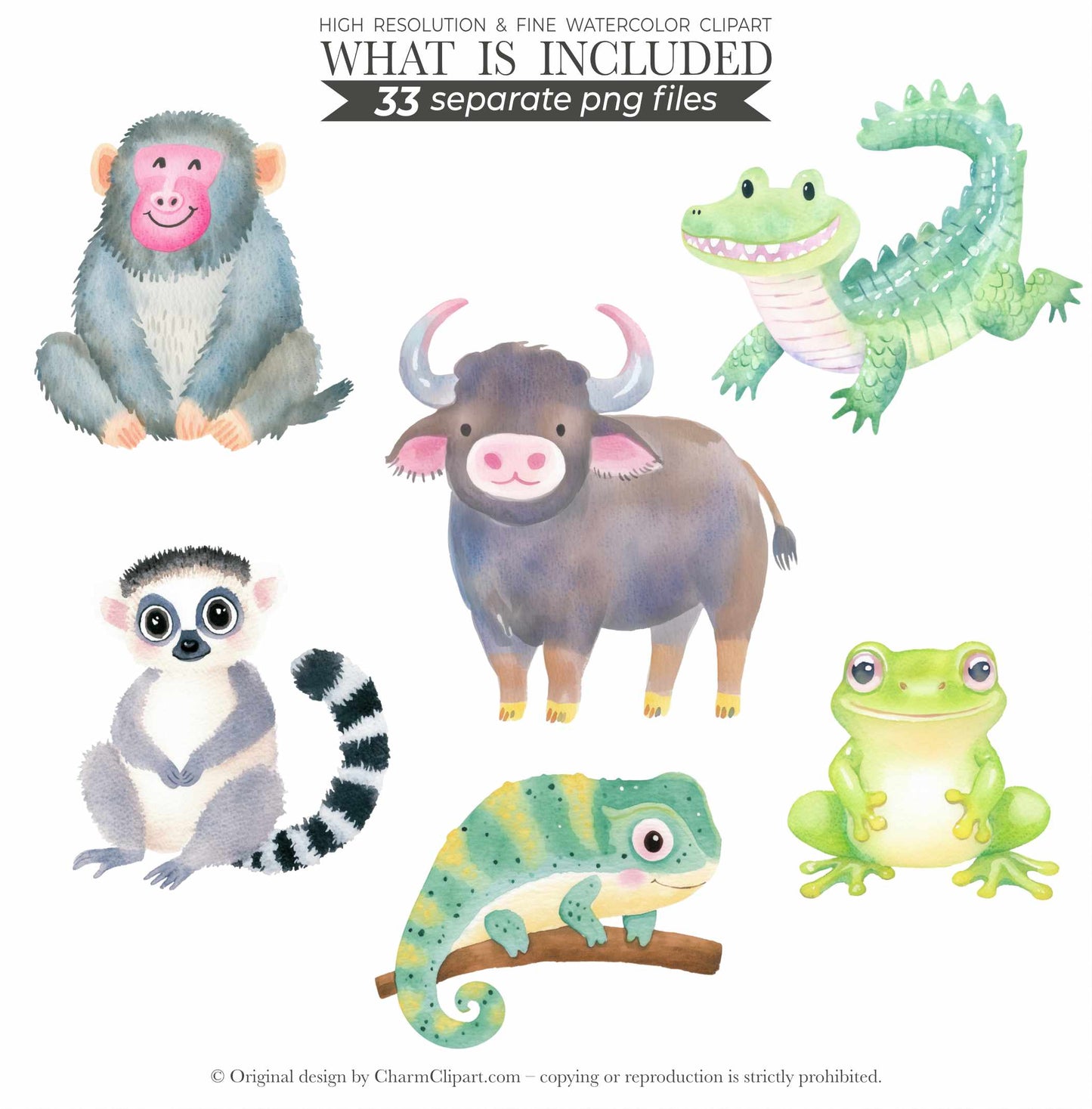Safari Animals Watercolor Clipart Bundle: 33 Jungle Nursery Art PNG Digital Download