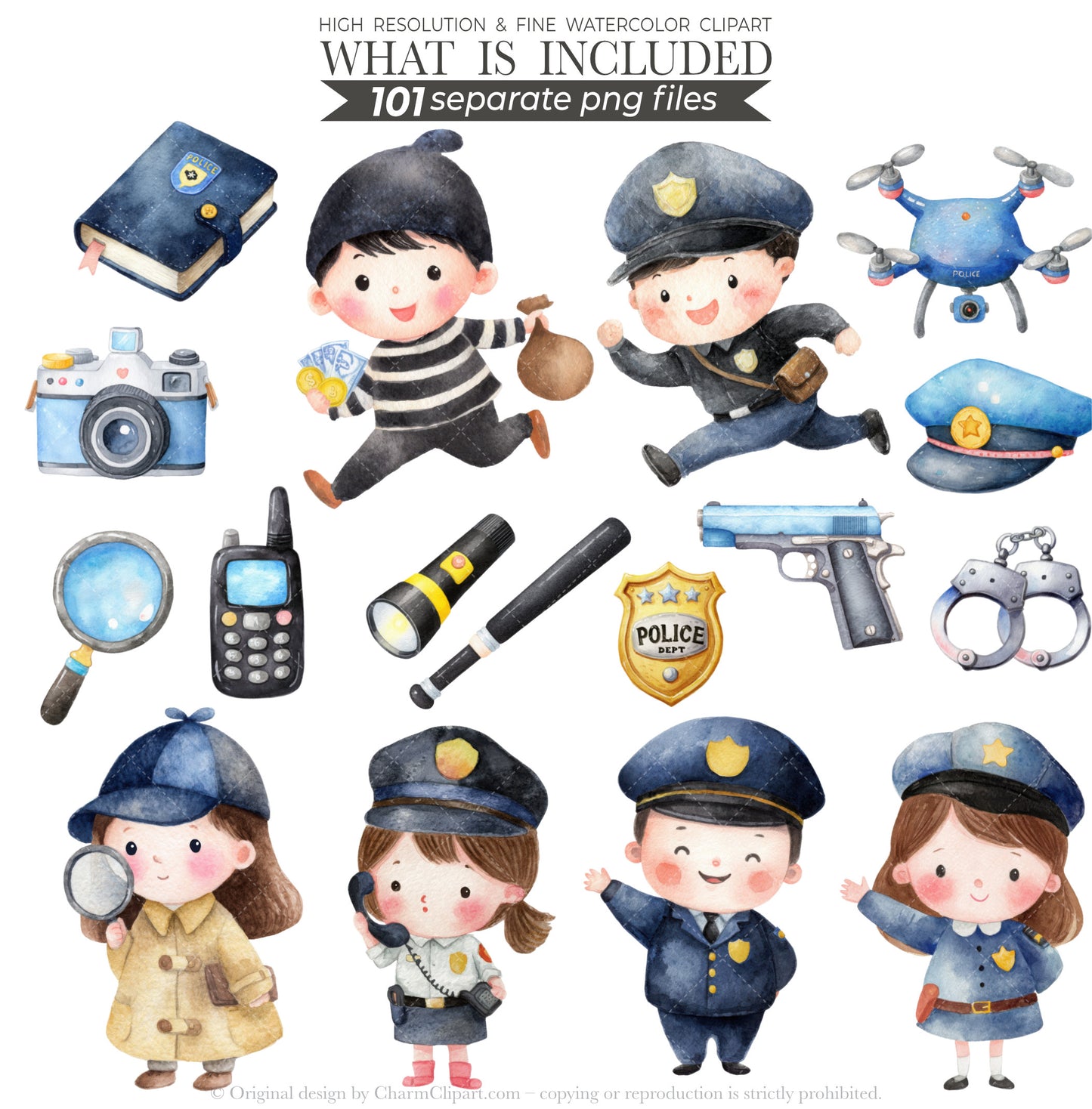 Police Station Clipart Bundle, Police Kids Clip Art, Police Vehicles, Cute Police Officer, Cop PNG, Birthday Party Decor, Digital Download