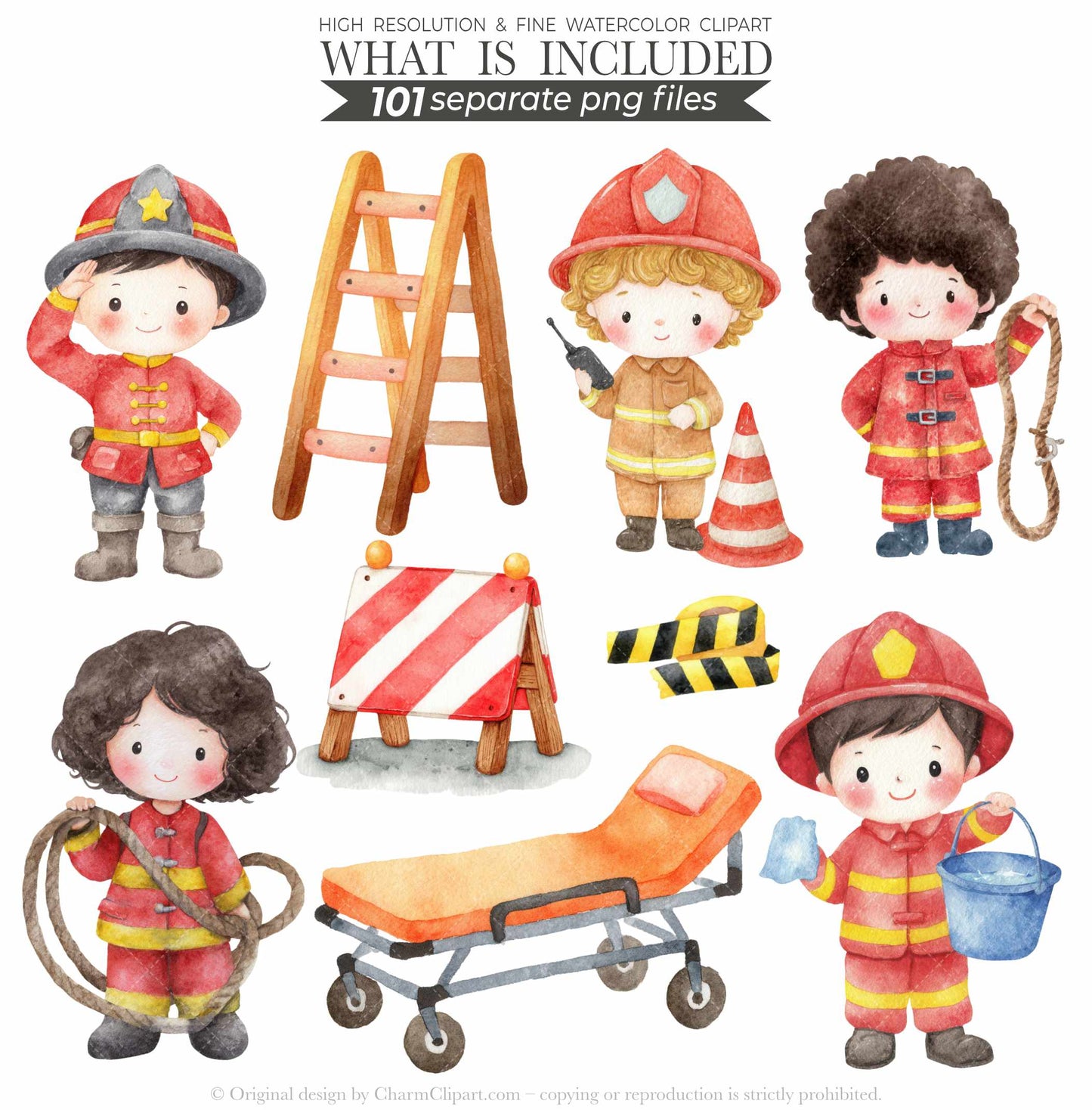 Cute Firefighters Clipart, Watercolor Emergency Vehicles Clipart, Fire Truck Clipart, Fire Department Png Bundle, First Responder Clipart
