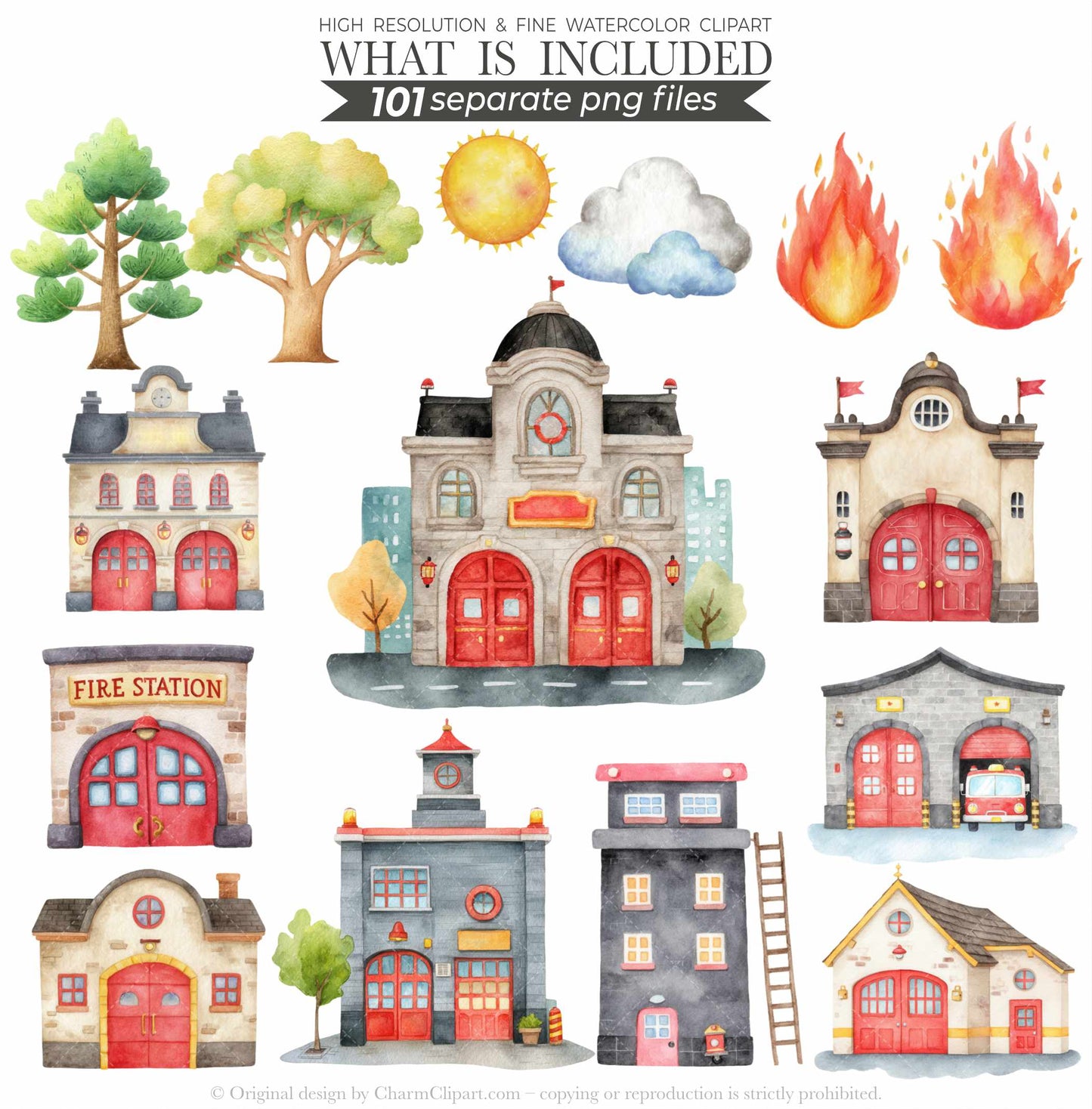 Cute Firefighters Clipart, Watercolor Emergency Vehicles Clipart, Fire Truck Clipart, Fire Department Png Bundle, First Responder Clipart
