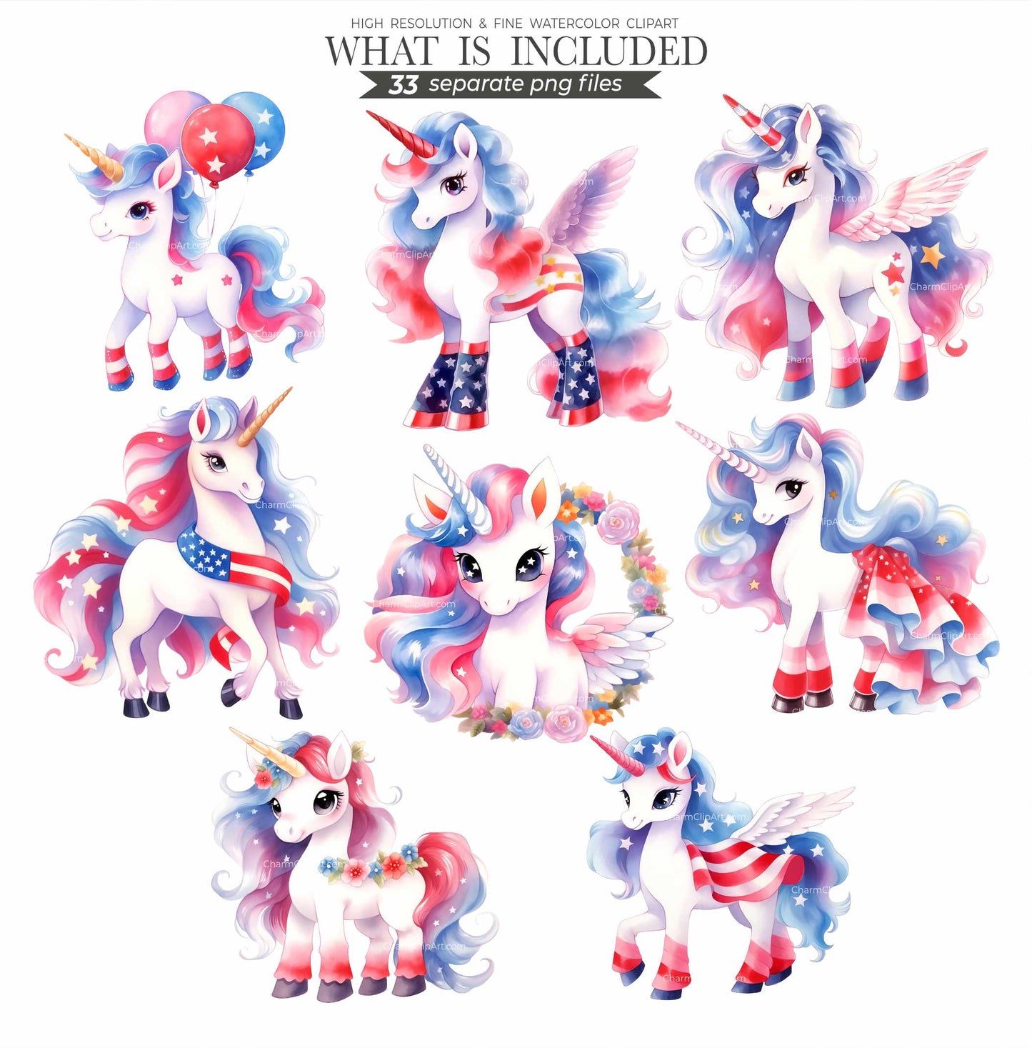 4th of July Unicorn Clipart: Watercolor Independence Day PNG Bundle (Commercial Use