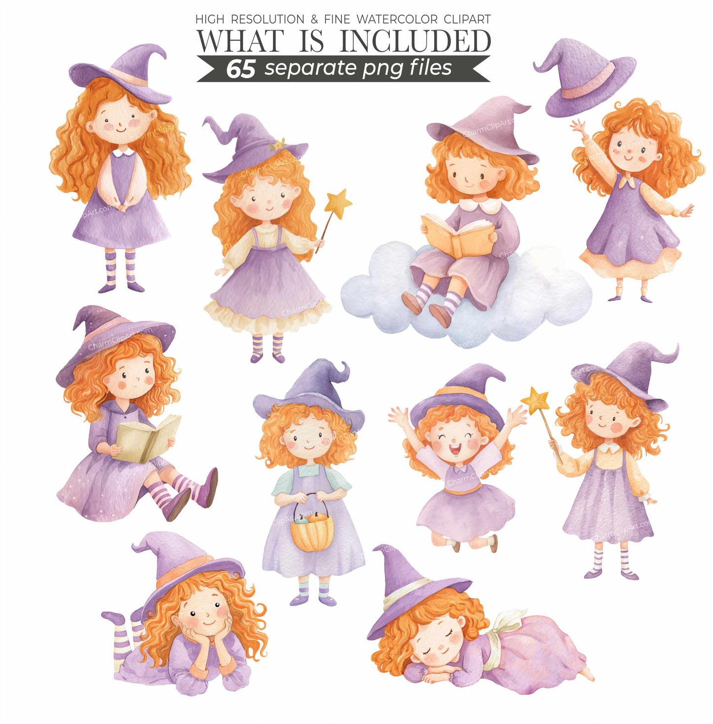 Cute Witch Clipart PNG – Pastel Halloween Watercolor, Whimsical Magic, Witchcraft Spells, Spooky Season, Commercial Use Sublimation