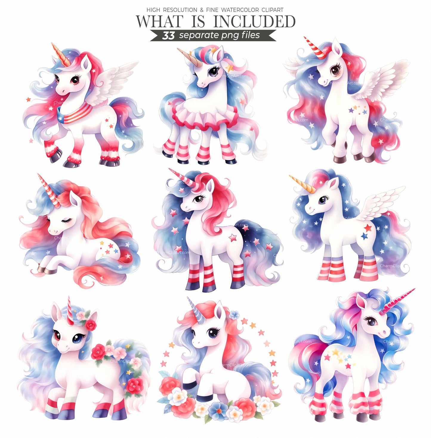 4th of July Unicorn Clipart: Watercolor Independence Day PNG Bundle (Commercial Use