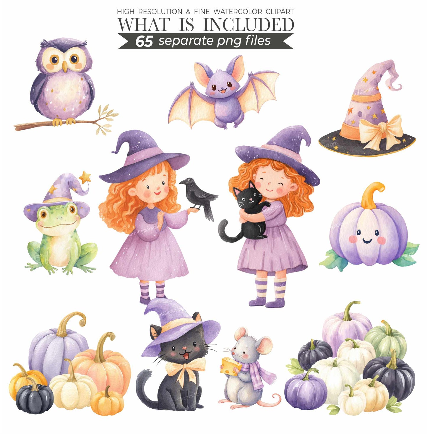 Cute Witch Clipart PNG – Pastel Halloween Watercolor, Whimsical Magic, Witchcraft Spells, Spooky Season, Commercial Use Sublimation