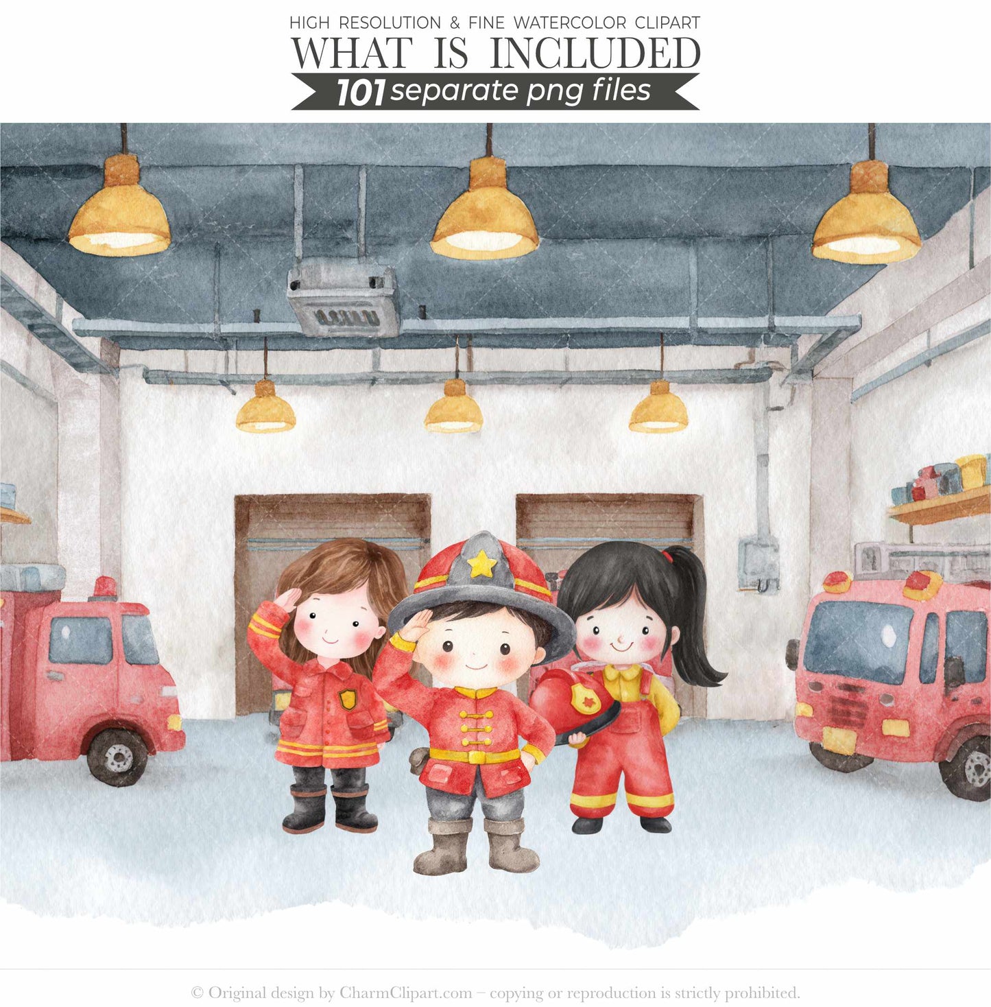 Cute Firefighters Clipart, Watercolor Emergency Vehicles Clipart, Fire Truck Clipart, Fire Department Png Bundle, First Responder Clipart