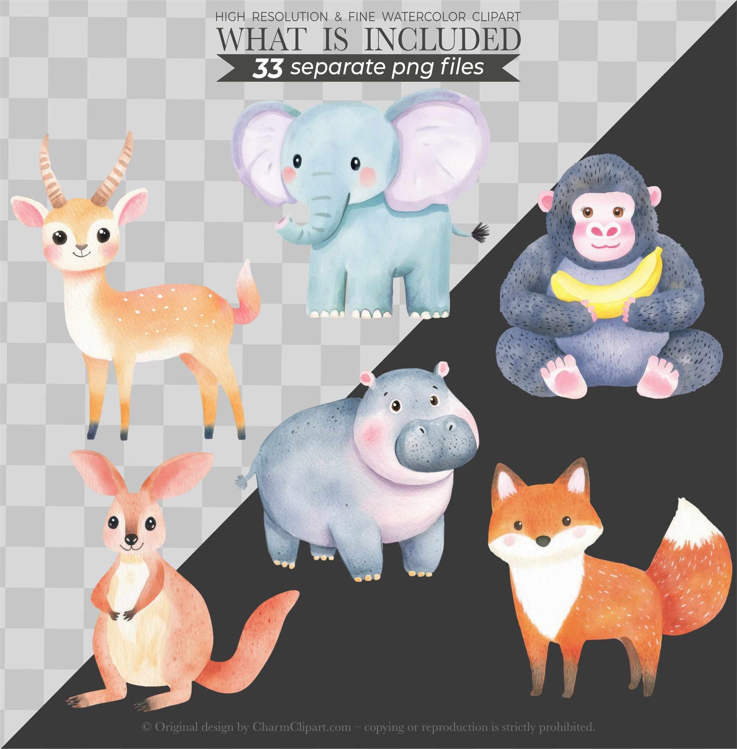 Safari Animals Watercolor Clipart Bundle: 33 Jungle Nursery Art PNG Digital Download