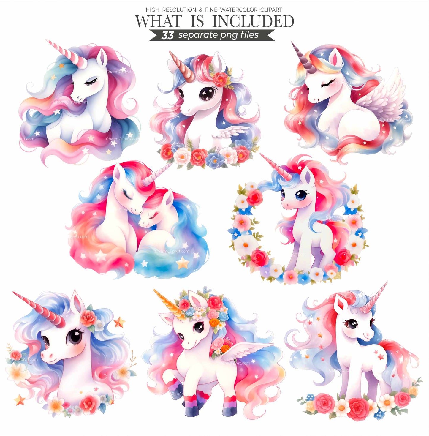 4th of July Unicorn Clipart: Watercolor Independence Day PNG Bundle (Commercial Use