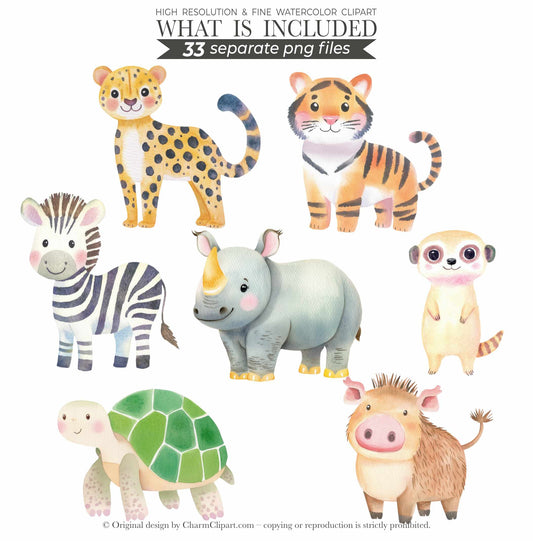 Safari Animals Watercolor Clipart Bundle: 33 Jungle Nursery Art PNG Digital Download