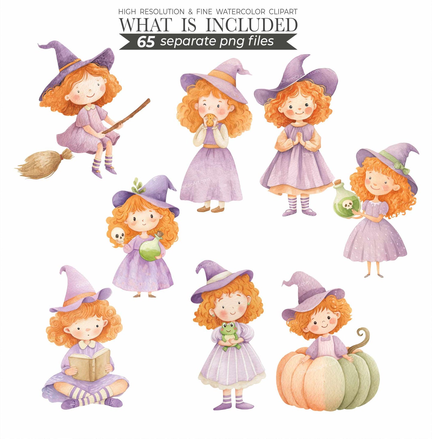 Cute Witch Clipart PNG – Pastel Halloween Watercolor, Whimsical Magic, Witchcraft Spells, Spooky Season, Commercial Use Sublimation