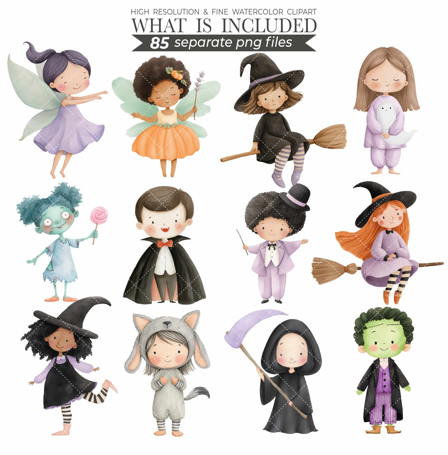 Watercolor Cute Halloween Clipart Set, Spooky PNG, Witch Clip Art, Ghosts, Black Cat, Frankenstein, Mummy, Boo Clipart, Digital Download