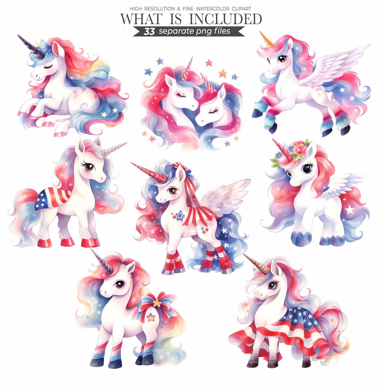 4th of July Unicorn Clipart: Watercolor Independence Day PNG Bundle (Commercial Use