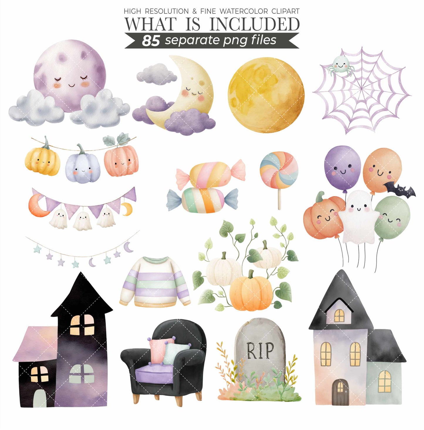 Watercolor Cute Halloween Clipart Set, Spooky PNG, Witch Clip Art, Ghosts, Black Cat, Frankenstein, Mummy, Boo Clipart, Digital Download
