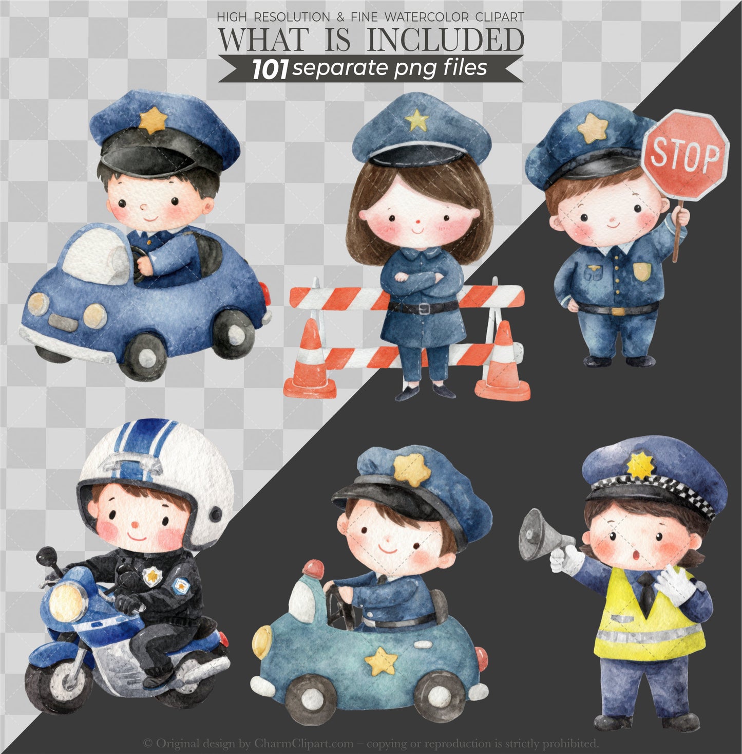 Police Station Clipart Bundle, Police Kids Clip Art, Police Vehicles, Cute Police Officer, Cop PNG, Birthday Party Decor, Digital Download