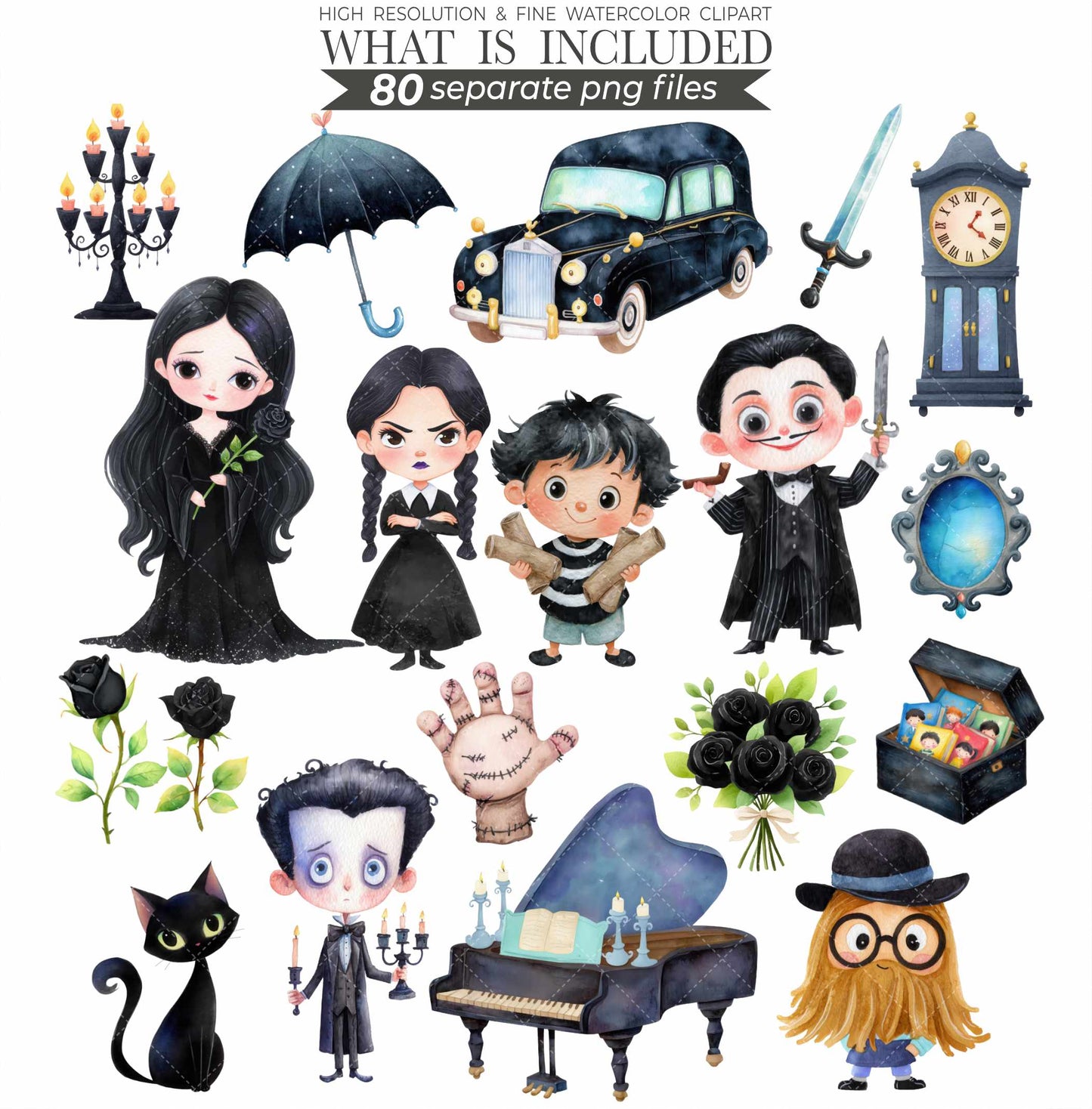 Cute Addams Family Clipart, Wednesday Clipart, Goth Clipart, Commercial Use
