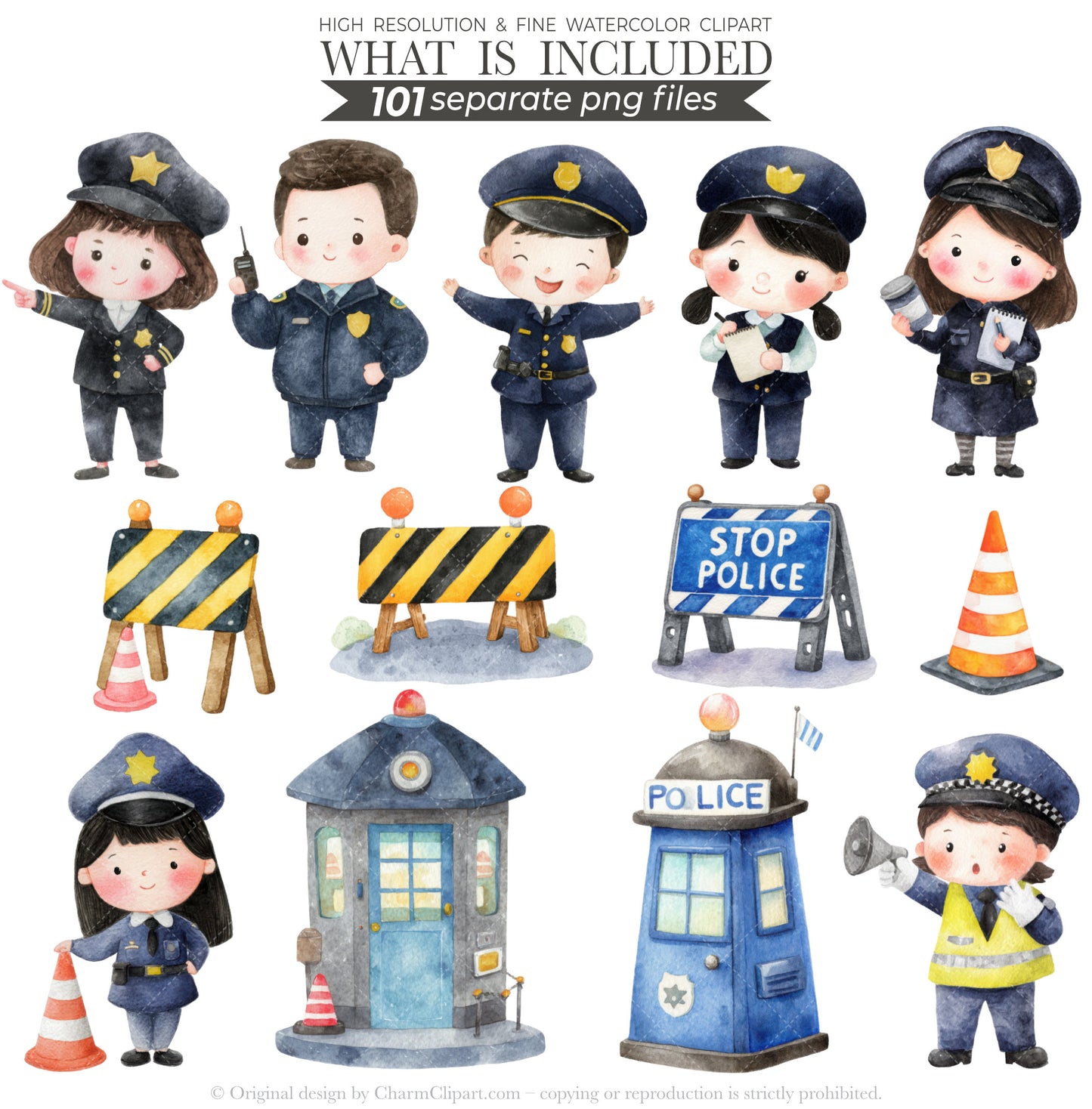 Police Station Clipart Bundle, Police Kids Clip Art, Police Vehicles, Cute Police Officer, Cop PNG, Birthday Party Decor, Digital Download
