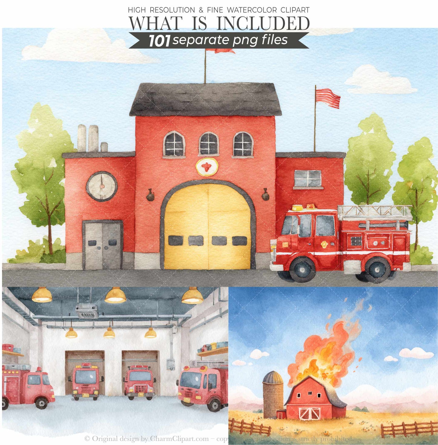 Cute Firefighters Clipart, Watercolor Emergency Vehicles Clipart, Fire Truck Clipart, Fire Department Png Bundle, First Responder Clipart