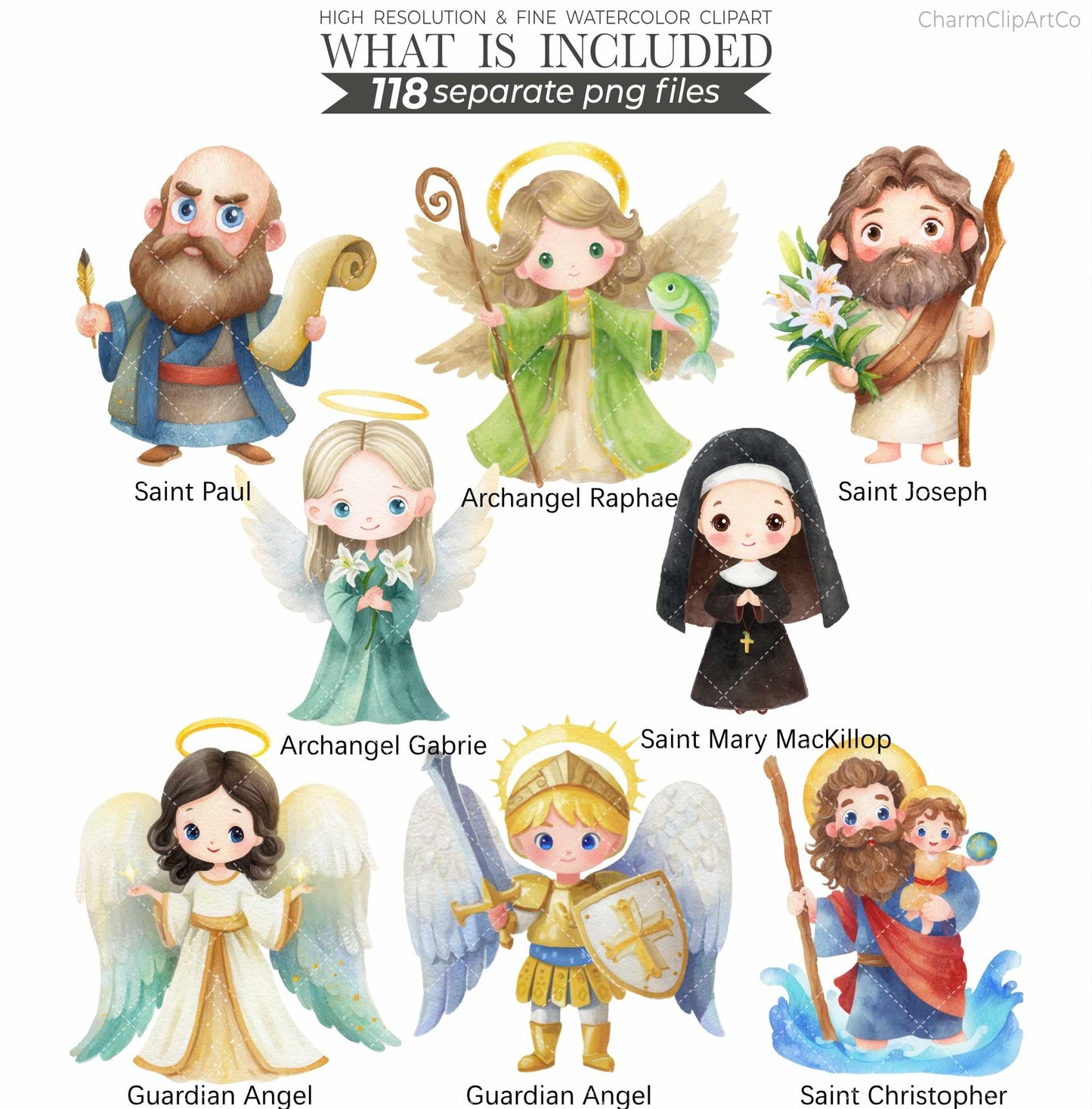 Saints Clipart Bundle – Catholic Christian Religious PNG | Watercolor Saints, Angels, Crosses, Church Digital Download