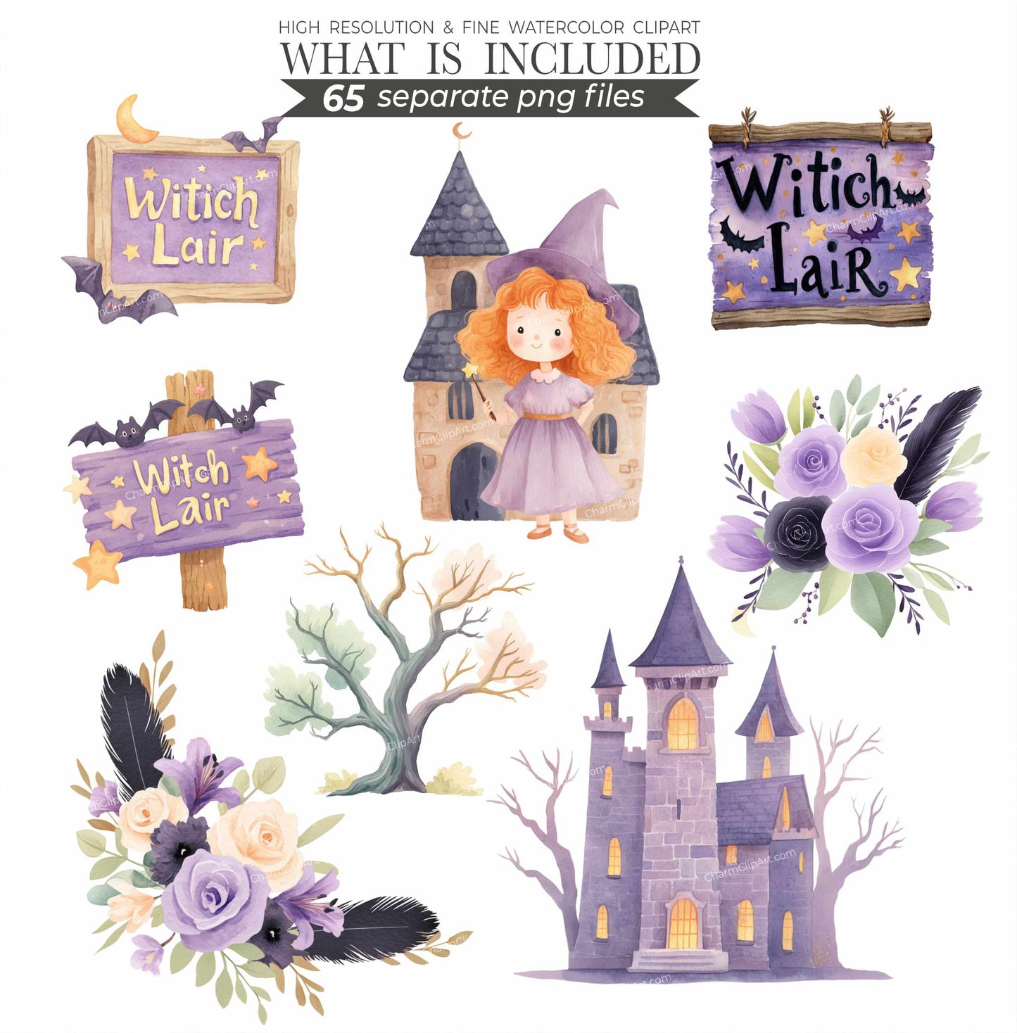 Cute Witch Clipart PNG – Pastel Halloween Watercolor, Whimsical Magic, Witchcraft Spells, Spooky Season, Commercial Use Sublimation