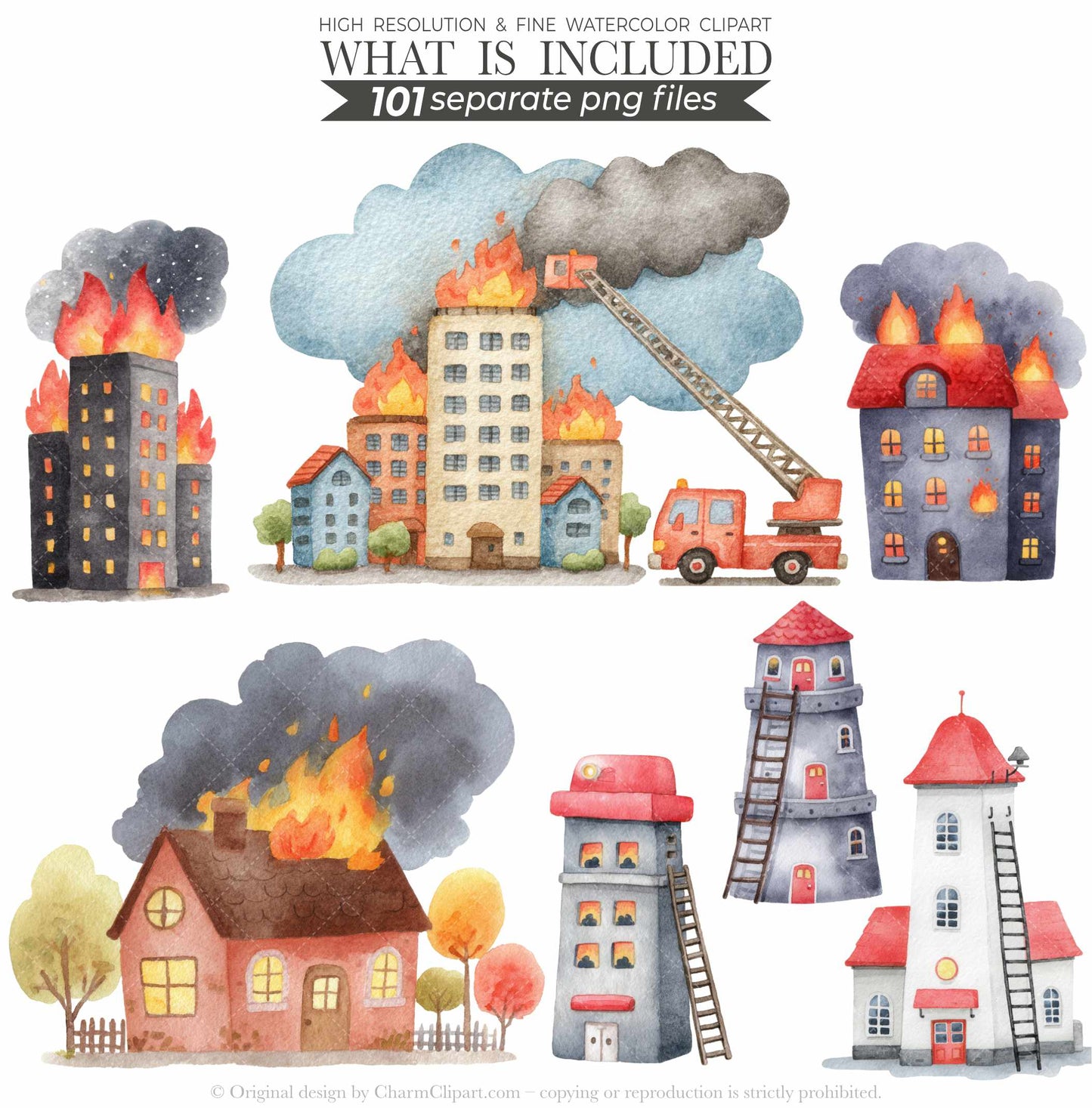 Cute Firefighters Clipart, Watercolor Emergency Vehicles Clipart, Fire Truck Clipart, Fire Department Png Bundle, First Responder Clipart