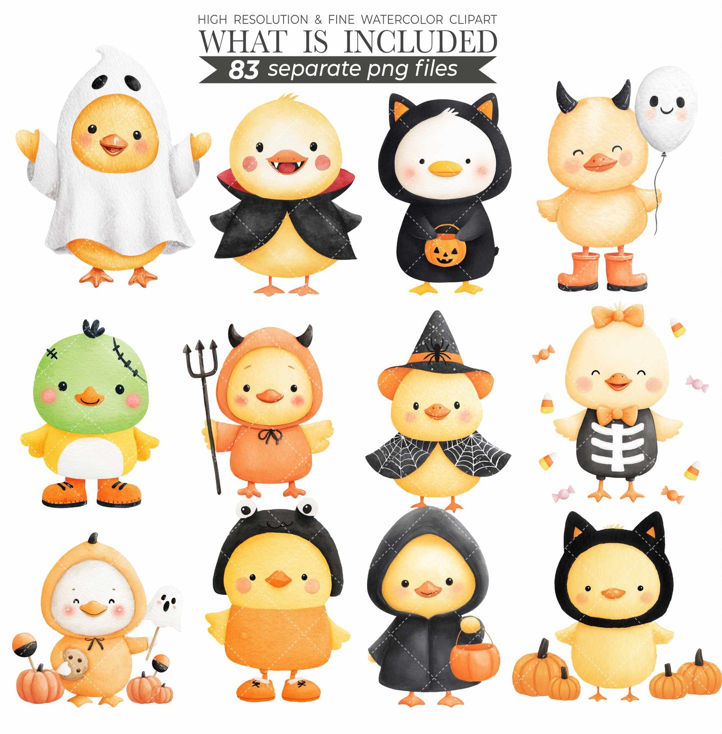 Halloween Duckling Clipart Bundle: Watercolor Costume Ducks (Digital Download, Commercial Use, 83 PNGs)