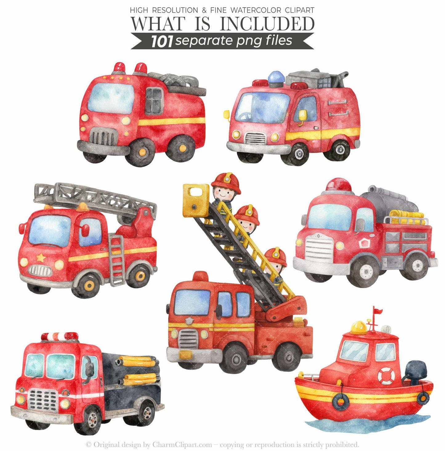 Cute Firefighters Clipart, Watercolor Emergency Vehicles Clipart, Fire Truck Clipart, Fire Department Png Bundle, First Responder Clipart