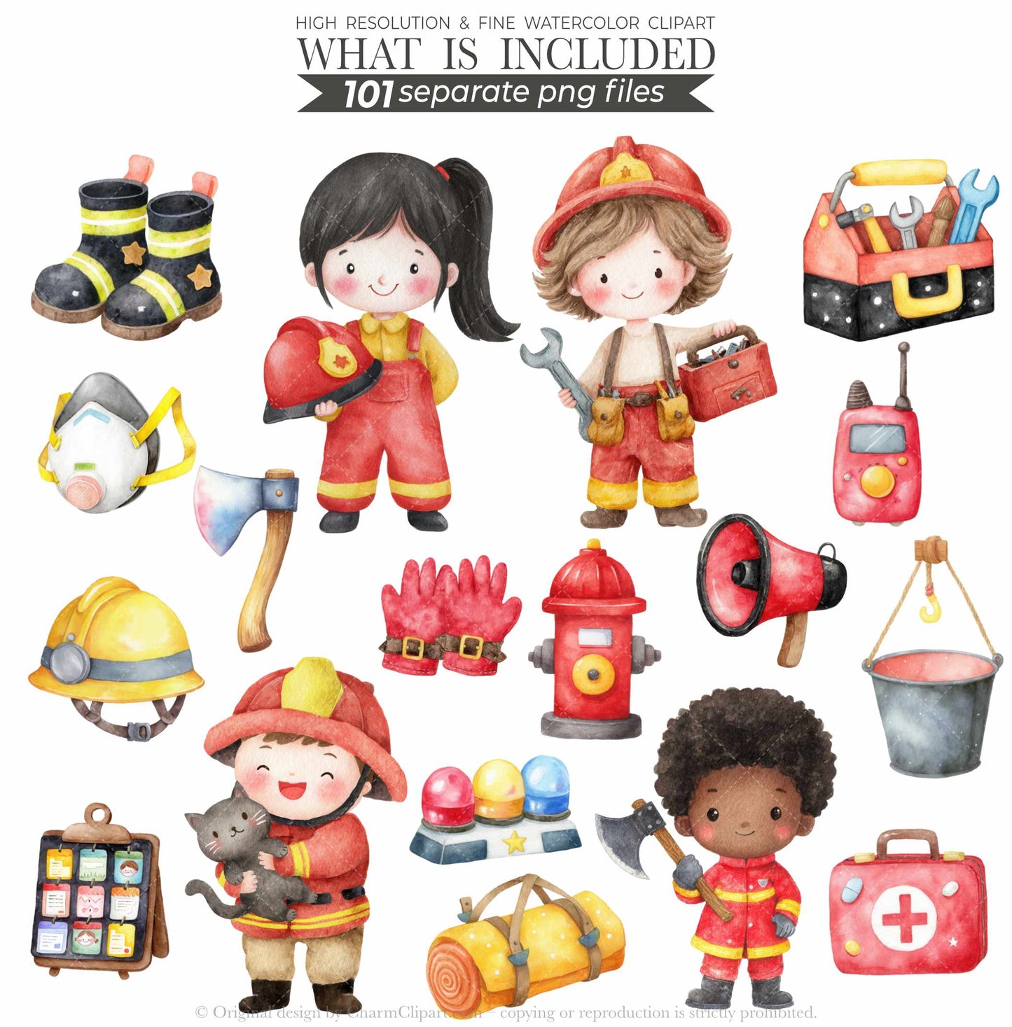 Cute Firefighters Clipart, Watercolor Emergency Vehicles Clipart, Fire Truck Clipart, Fire Department Png Bundle, First Responder Clipart