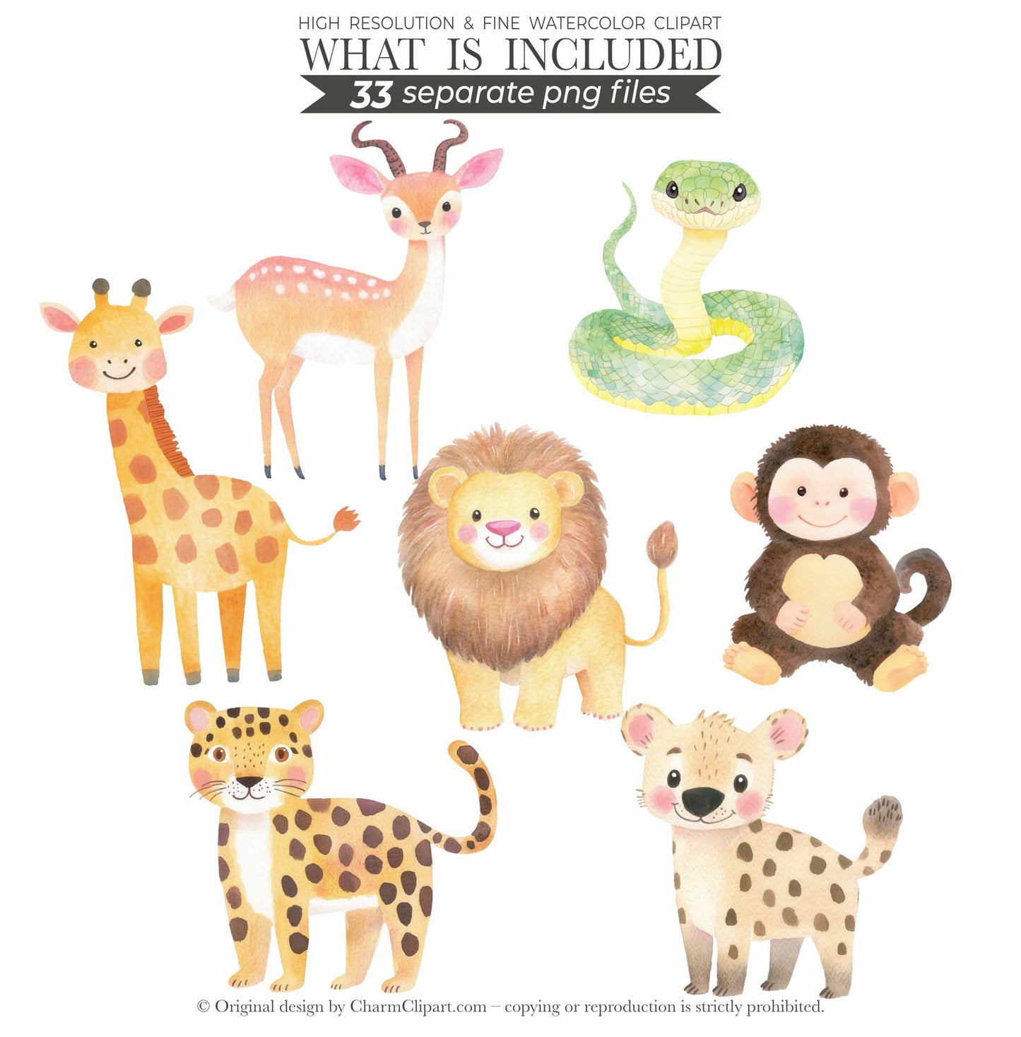 Safari Animals Watercolor Clipart Bundle: 33 Jungle Nursery Art PNG Digital Download
