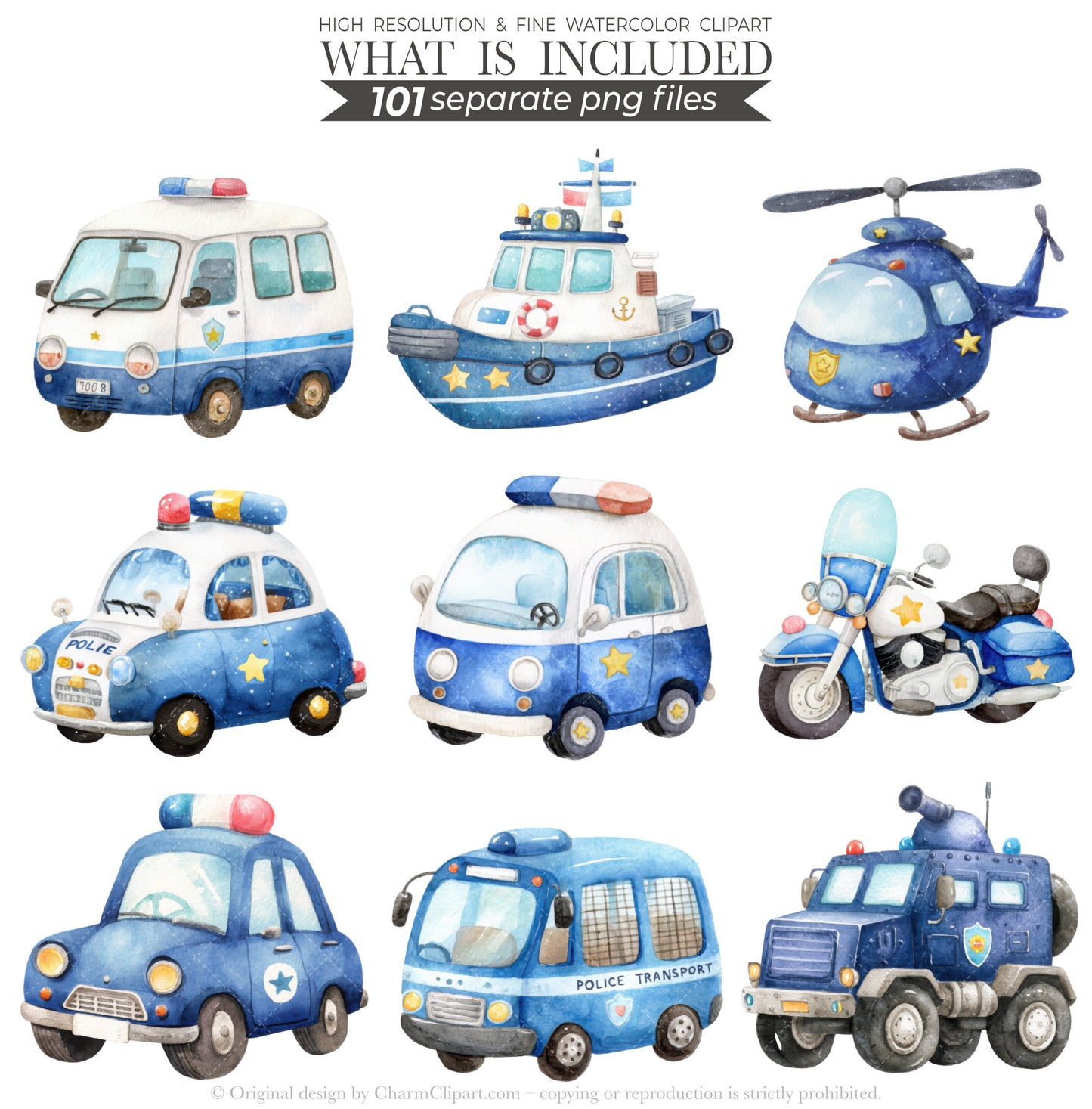 Police Station Clipart Bundle, Police Kids Clip Art, Police Vehicles, Cute Police Officer, Cop PNG, Birthday Party Decor, Digital Download