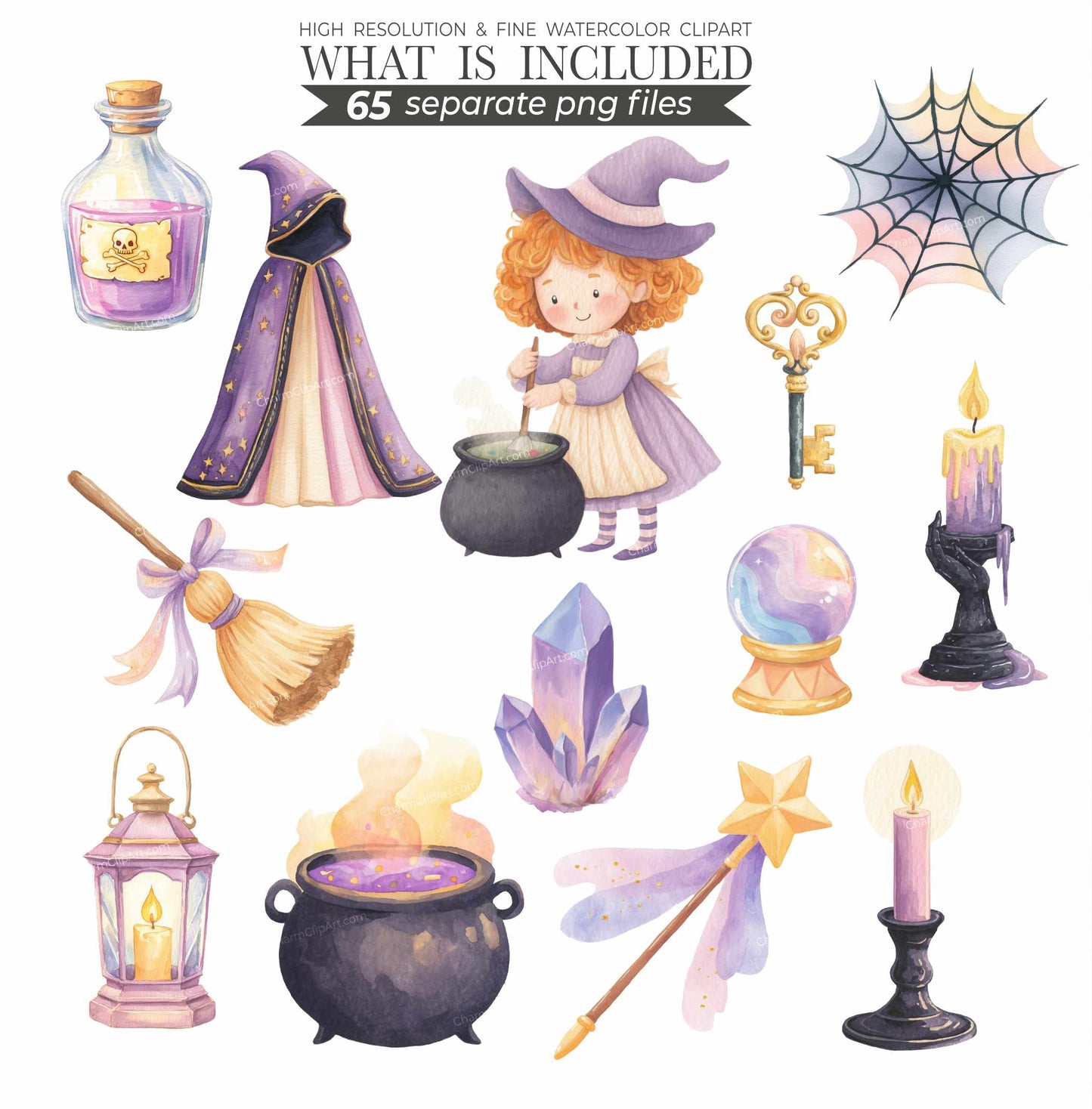 Cute Witch Clipart PNG – Pastel Halloween Watercolor, Whimsical Magic, Witchcraft Spells, Spooky Season, Commercial Use Sublimation
