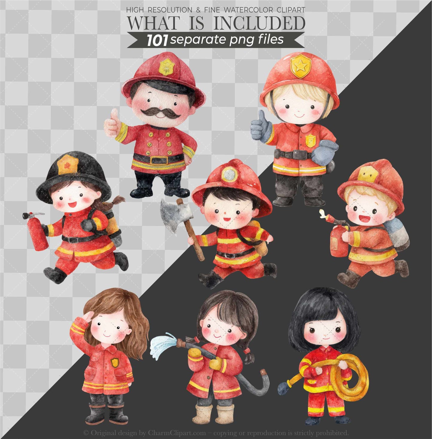 Cute Firefighters Clipart, Watercolor Emergency Vehicles Clipart, Fire Truck Clipart, Fire Department Png Bundle, First Responder Clipart