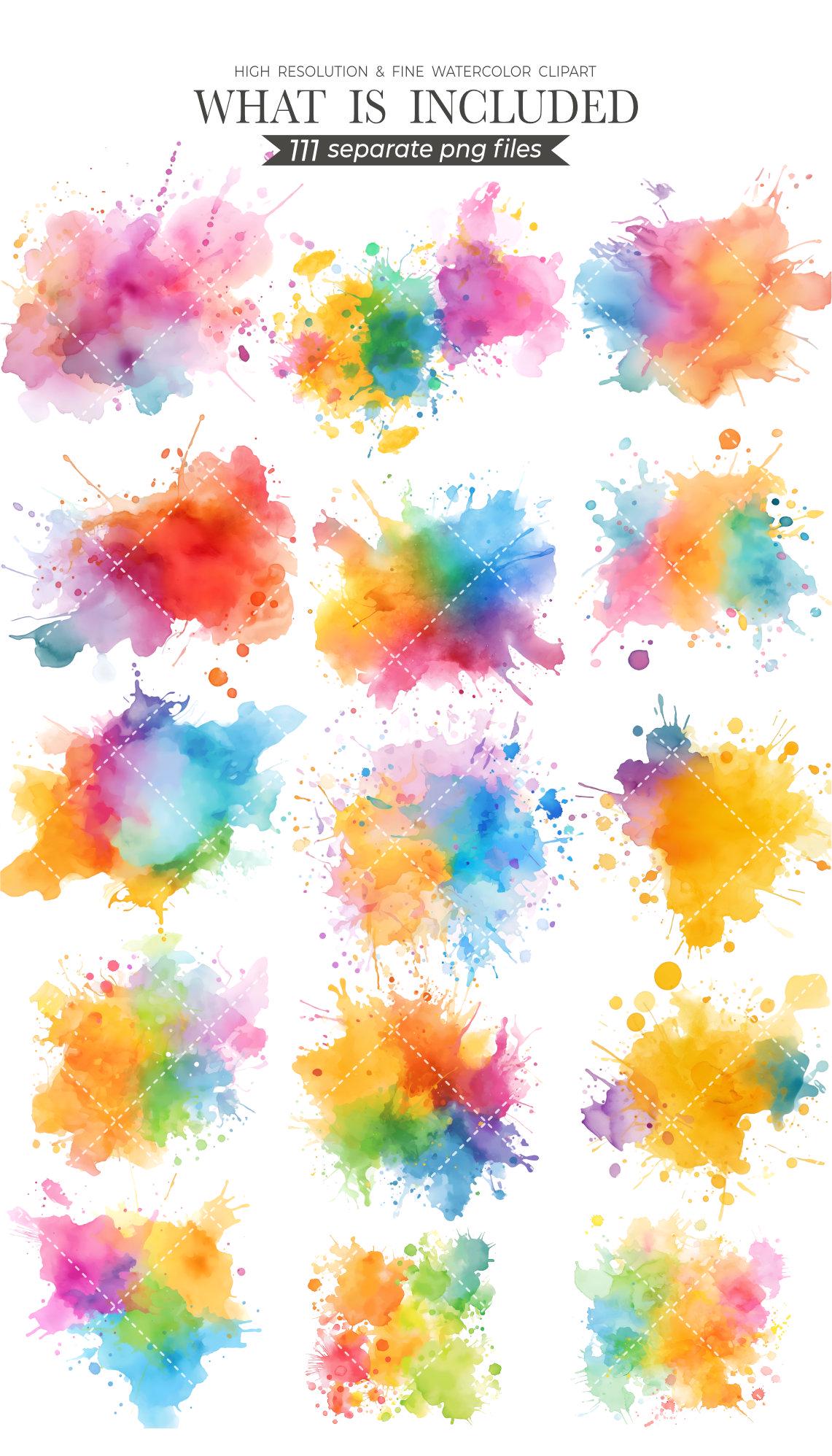 Watercolor Splash Clipart: 100 PNG Paint Splatters (Commercial Use, Instant Download)