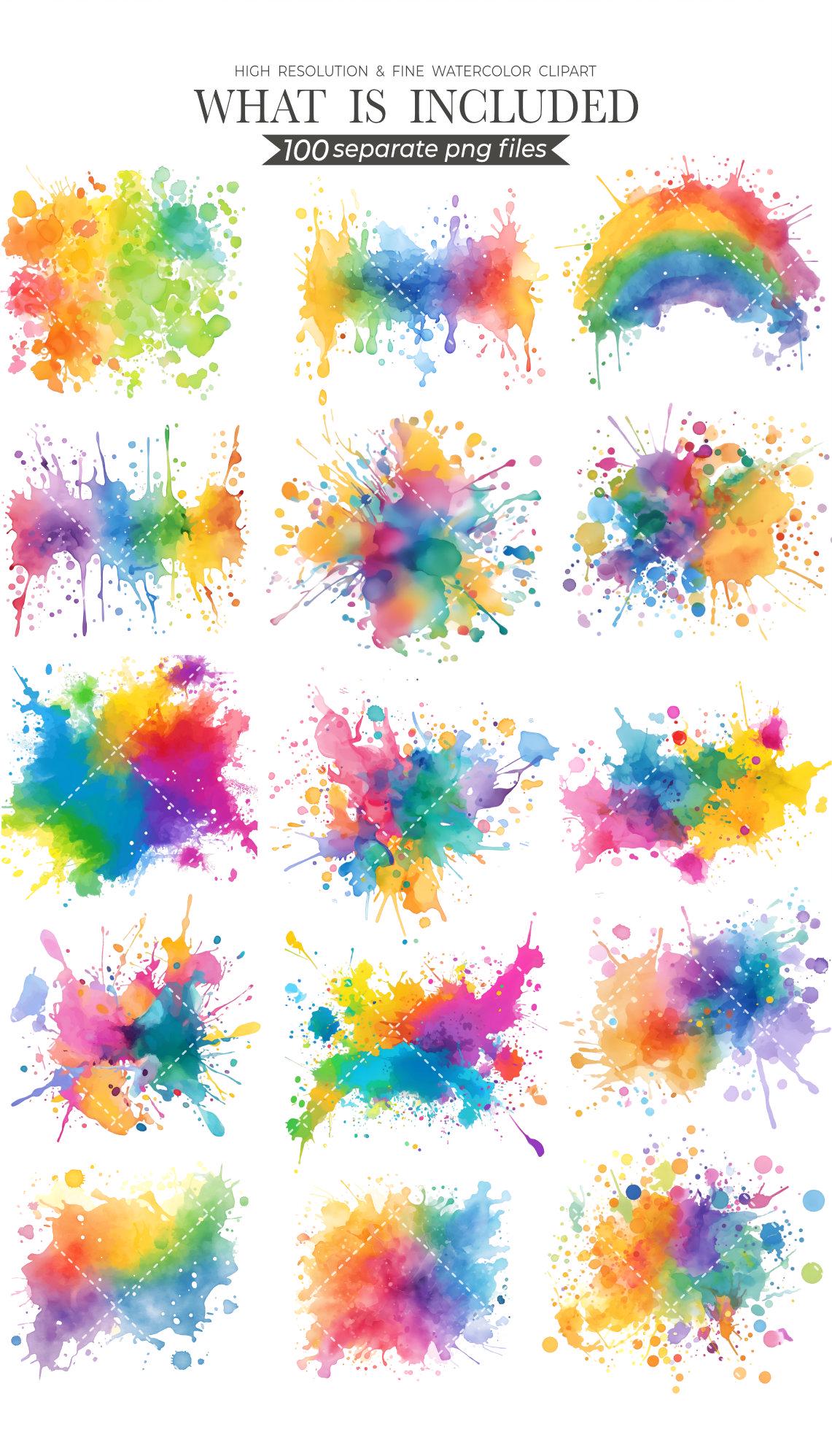 Watercolor Splash Clipart: 100 PNG Paint Splatters (Commercial Use, Instant Download)