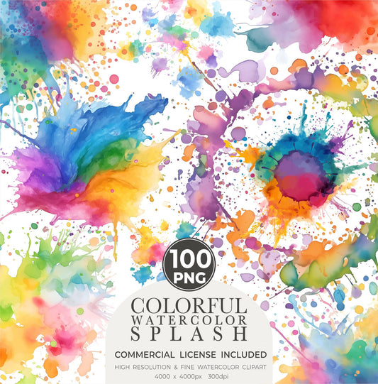 Watercolor Splash Clipart: 100 PNG Paint Splatters (Commercial Use, Instant Download)