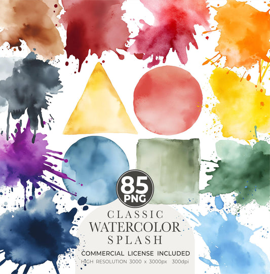 Watercolor Splash Clipart: 85 Colorful PNG Elements (Digital Download)