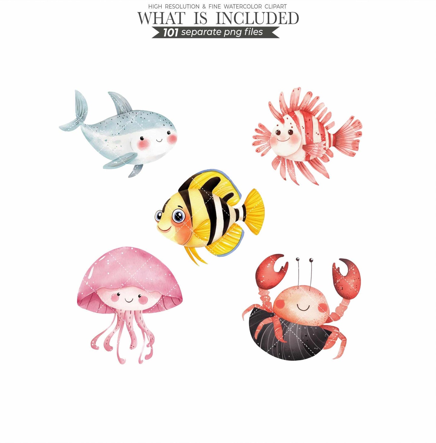 Watercolor Sea Animals Clipart: Ocean Nursery Art, Commercial Use (PNG Files)