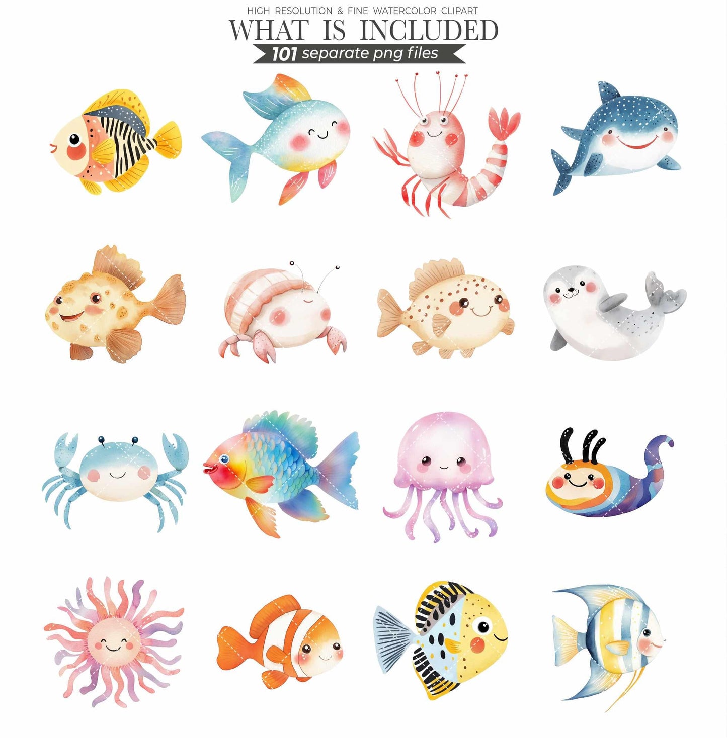 Watercolor Sea Animals Clipart: Ocean Nursery Art, Commercial Use (PNG Files)